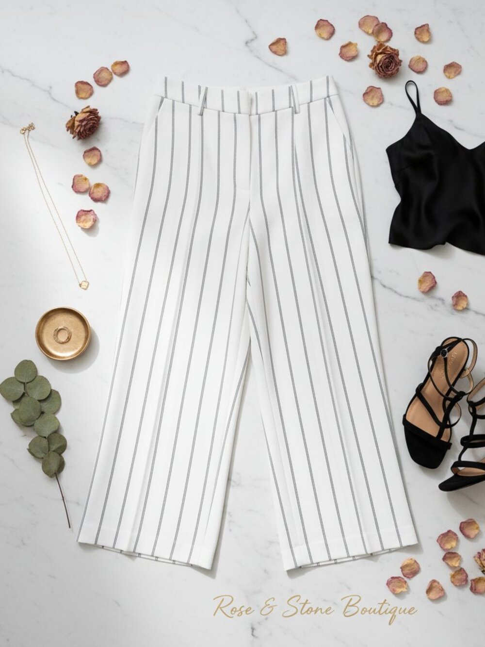 Suzy Shier White Pinstripe Wide-Leg Cropped Pants Size L